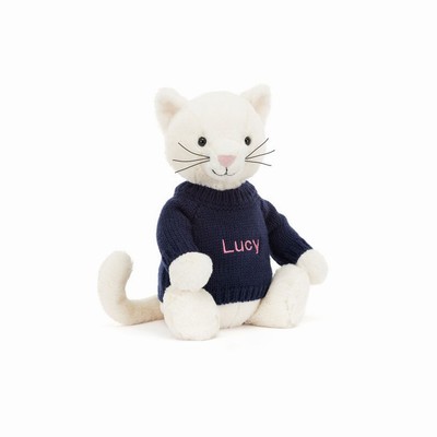 Jellycat Bashful Cream Kitten with Navy Jumper USA | 74180EWBU